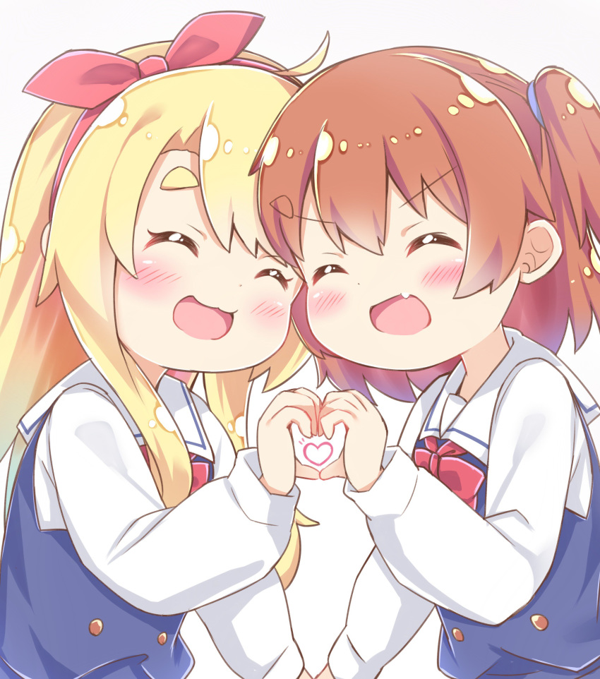 2girls absurdres bangs blonde_hair blue_dress blush bow brown_hair child closed_eyes collared_shirt commentary_request dress esureki eyebrows_visible_through_hair fang hair_tie hairband hairband_bow heart heart_hands heart_hands_duo highres himesaka_noa hoshino_hinata long_hair multiple_girls open_mouth red_bow red_hairband sailor_collar sailor_dress school_uniform shirt simple_background skin_fang upper_body watashi_ni_tenshi_ga_maiorita! white_background white_sailor_collar white_shirt |d