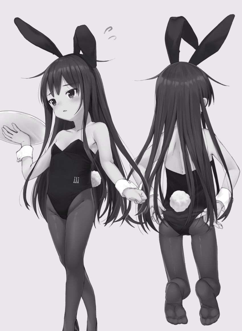 1girl absurdres animal_ears black_hair bunny_ears bunny_tail bunnysuit character_request dx_(dekusu) fake_animal_ears flat_chest highres kantai_collection kneeling long_hair pantyhose simple_background soles tail tray wrist_cuffs