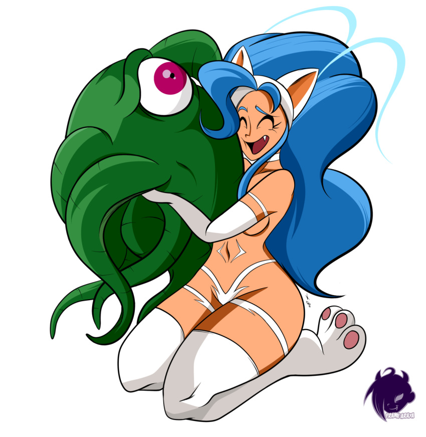 1_eye alien animal_humanoid blue_hair breasts capcom cat_humanoid darkstalkers eyes_closed felicia_(darkstalkers) felid felid_humanoid feline feline_humanoid female frankarayart fur hair hi_res hug humanoid long_hair male mammal mammal_humanoid marvel marvel_vs._capcom pawpads pink_eyes shuma-gorath signature smile tentacle_monster tentacles video_games white_body white_fur