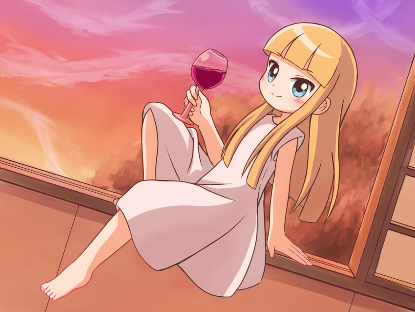 1girl akino_miyo alcohol bangs barefoot blonde_hair blue_eyes blunt_bangs blush commentary_request cup dress drinking_glass dusk feet gradient_sky highres holding holding_cup kato-shun long_hair looking_at_viewer sitting sky sleeveless sleeveless_dress smile solo sunset toes wakaokami_wa_shougakusei white_dress wine wine_glass