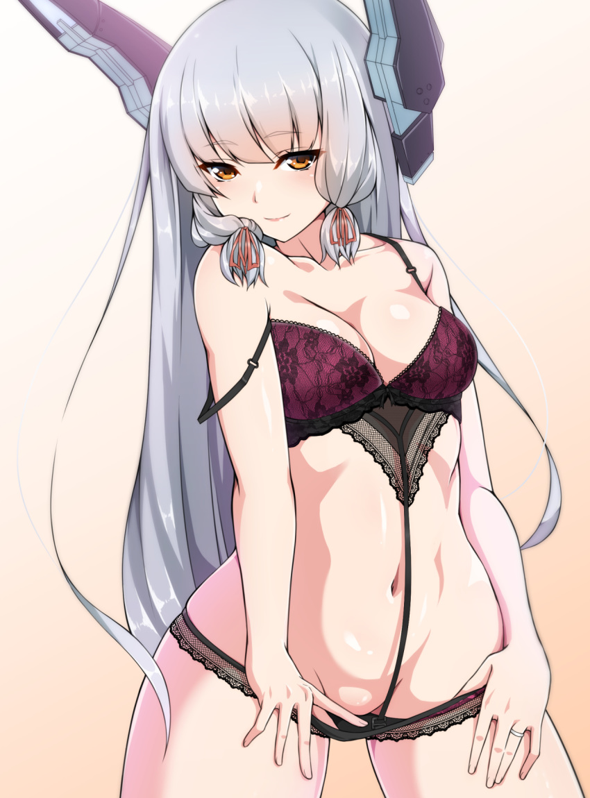 1girl abs bangs blunt_bangs blush bra bra_strap breasts collarbone eyebrows_visible_through_hair hair_ribbon headgear highres jewelry jito_mesuki_nitouhei kantai_collection lace lace-trimmed_bra lace-trimmed_panties lingerie long_hair looking_at_viewer medium_breasts murakumo_(kantai_collection) panties panty_pull ribbon ring seductive_smile simple_background smile solo stomach strap_slip tress_ribbon underwear white_hair