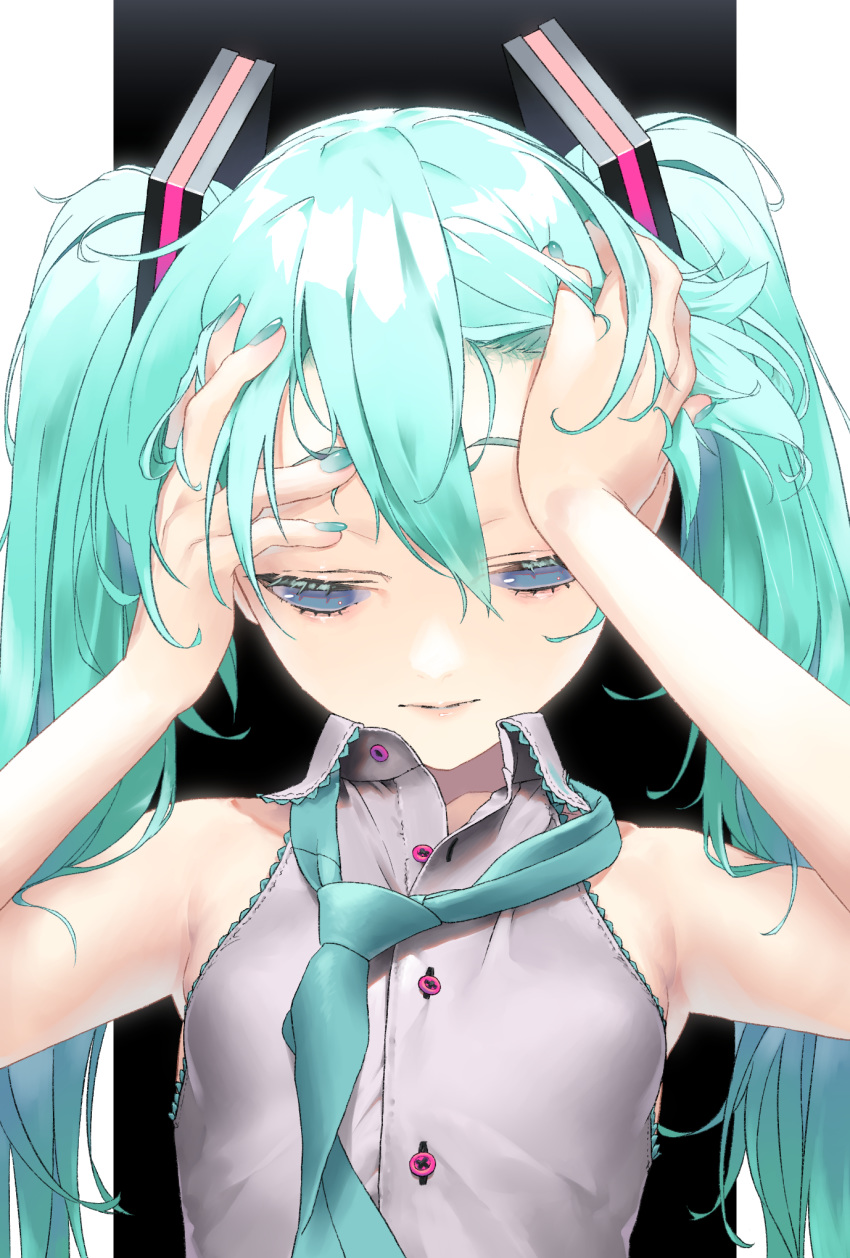 1girl aqua_eyes aqua_nails aqua_neckwear bare_shoulders hair_ribbon hair_tucking half-closed_eyes hands_on_own_head hatsune_miku highres looking_down messy_hair necktie open_collar pale_skin ribbon rsk_(tbhono) skinny twintails unbuttoned unbuttoned_shirt vocaloid