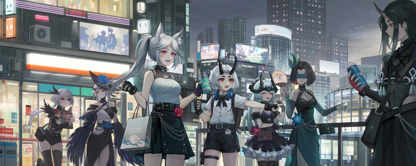 6+girls absurdres animal_ear_fluff animal_ears bag bai_lang bangs billboard black_collar black_gloves black_hair black_horns black_legwear black_ribbon blindfold breasts can character_request city cityscape cleavage cleavage_cutout cloud cloudy_sky collar commentary_request dress fingerless_gloves flower frilled_dress frills gloves green_hair hair_between_eyes hair_ornament handbag hat headphones heart_cutout highres holding holding_bag holding_can horns multiple_girls oni_horns onmyoji outdoors ponytail red_eyes ribbon rose skirt sky smile spiked_collar spikes standing storefront thigh_pouch thighhighs ubume_(onmyoji) white_hair xixue_ji yellow_eyes yuki_douji_(onmyoji) zhai