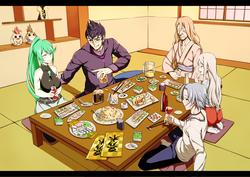 2girls 3boys alcohol alvis architecture beer beer_mug black_hair blonde_hair blush chest_jewel choker chopstick_rest chopsticks closed_eyes cup east_asian_architecture edamame_(food) family food fried_rice galatea_(xenoblade) green_hair highres indoors jewelry k-you_(pixiv) klaus_(xenoblade) kotatsu long_hair metsu_(xenoblade) mug multiple_boys multiple_girls old_man pendant pneuma_(xenoblade_2) riki_(xenoblade) sake seiza short_hair silver_hair sitting skewer table tokkuri tora_(xenoblade) wine xenoblade_(series) xenoblade_1 xenoblade_2