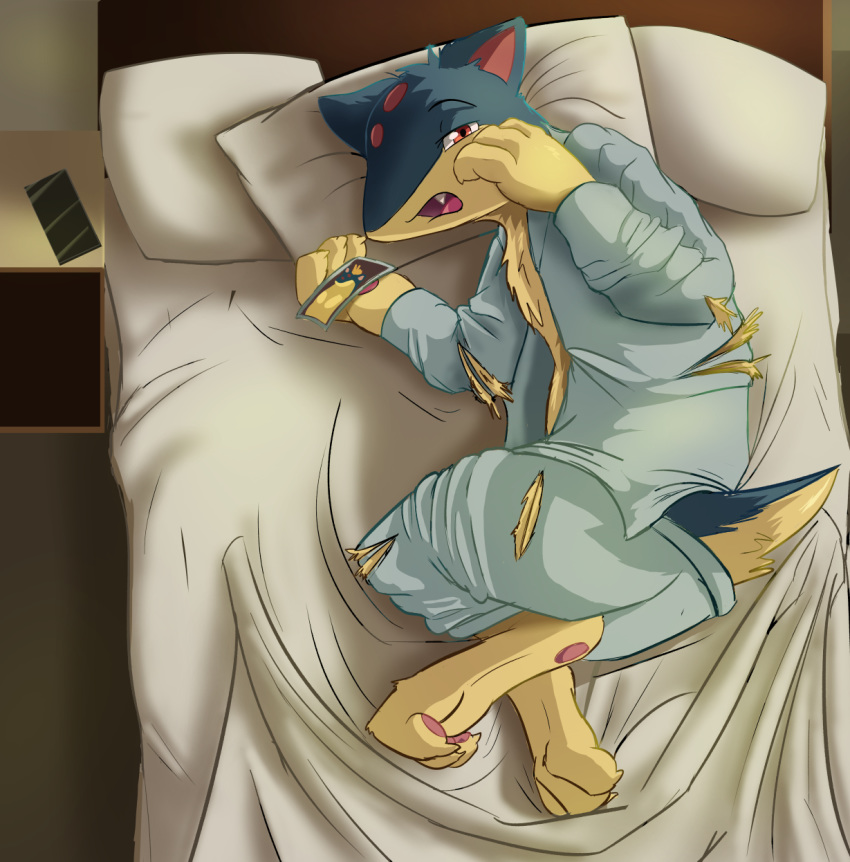 3_fingers 3_toes ambiguous_gender bed bed_sheet bedding blue_body blue_fur bottomwear cellphone chest_tuft claws clothed clothing detailed_background digitigrade fangs feral finger_claws fingers fur furniture half-closed_eyes hi_res implied_transformation looking_at_viewer lying narrowed_eyes nintendo on_side open_mouth open_shirt pajama_pants pajama_shirt pants pawpads phone photo pillow pink_pawpads pok&eacute;mon pok&eacute;mon_(species) quilava red_eyes semi-anthro shaded shadow shirt smartphone solo toe_claws toes tongue topwear torn_bottomwear torn_clothing torn_pants torn_shirt torn_topwear toshabi tuft video_games yellow_body yellow_fur