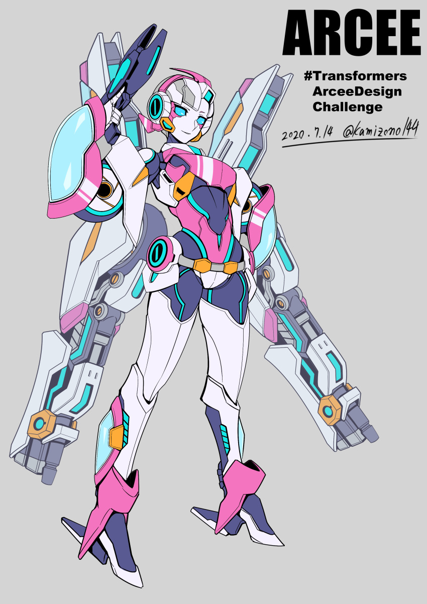 1girl absurdres arcee artist_name autobot blue_eyes character_name dated english_commentary grey_background gun highres holding holding_gun holding_weapon kamizono_(spookyhouse) looking_at_viewer looking_down no_humans redesign standing transformers weapon