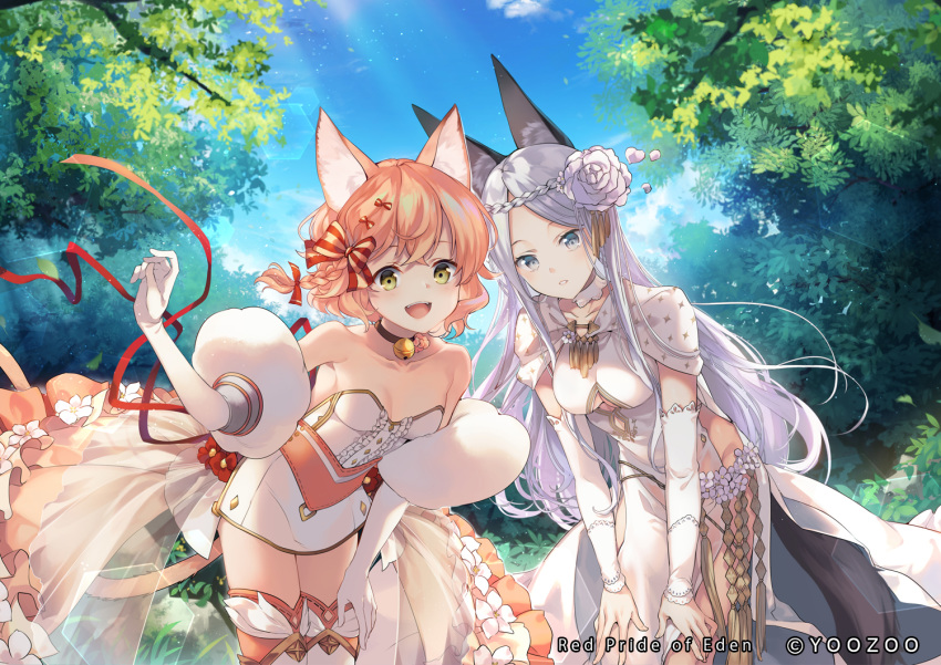 2girls animal_ears bangs bare_shoulders bell bell_choker bent_over boots braid breasts cat_ears cat_girl cat_tail choker cloud cloudy_sky collarbone commentary_request crown_removed day dress eyebrows_visible_through_hair flower forest fox_ears fox_girl fox_tail french_braid gloves grey_eyes hair_between_eyes hair_flower hair_ornament hands_on_own_knees long_hair looking_at_viewer medium_breasts multiple_girls nature open_mouth outdoors parted_bangs pink_hair red_pride_of_eden shinia short_hair short_sleeves showgirl_skirt sidelocks silver_hair single_braid sky sleeveless sleeveless_dress strapless strapless_dress tail thigh_boots thighhighs tree white_dress white_gloves yellow_eyes