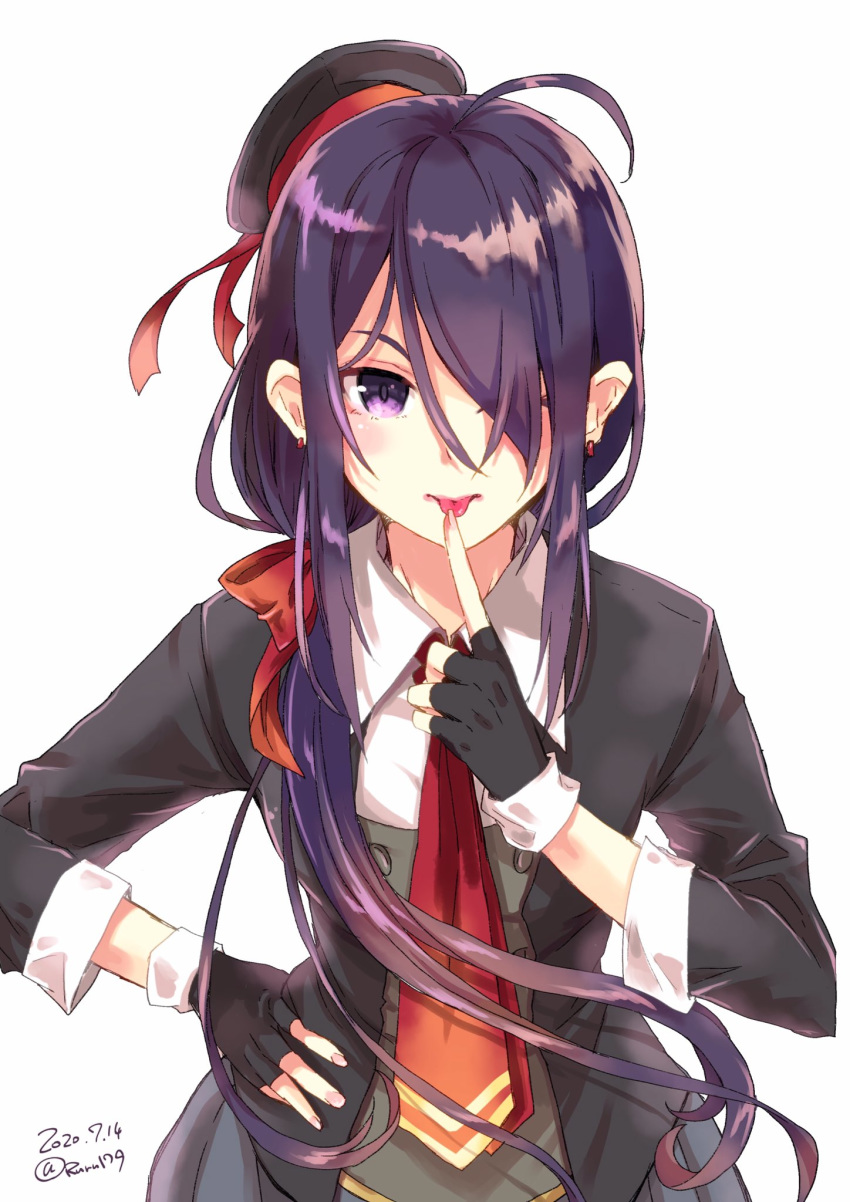 1girl aikawa_ruru ariake_(kantai_collection) beret black_gloves black_headwear collared_shirt commentary_request dated finger_to_mouth fingerless_gloves gloves grey_skirt hand_on_hip hat highres kantai_collection leaning_forward long_hair long_sleeves looking_at_viewer necktie pleated_skirt purple_eyes purple_hair red_neckwear shirt simple_background skirt solo tongue tongue_out twitter_username white_background