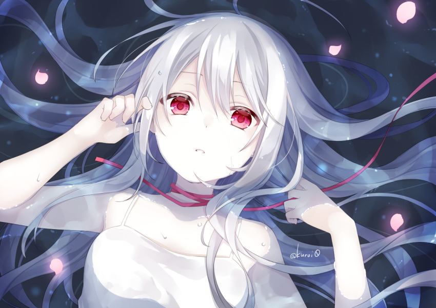 1girl albino bangs breasts camisole kuroi_(liar-player) long_hair looking_at_viewer lying on_back original pale_skin petals pink_ribbon red_eyes ribbon signature small_breasts solo upper_body water white_hair