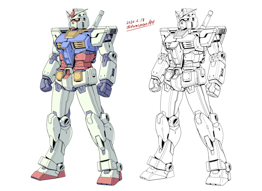 clenched_hands dated gundam highres kamizono_(spookyhouse) lineart mecha mobile_suit_gundam multiple_views no_humans rx-78-2 standing twitter_username white_background yellow_eyes