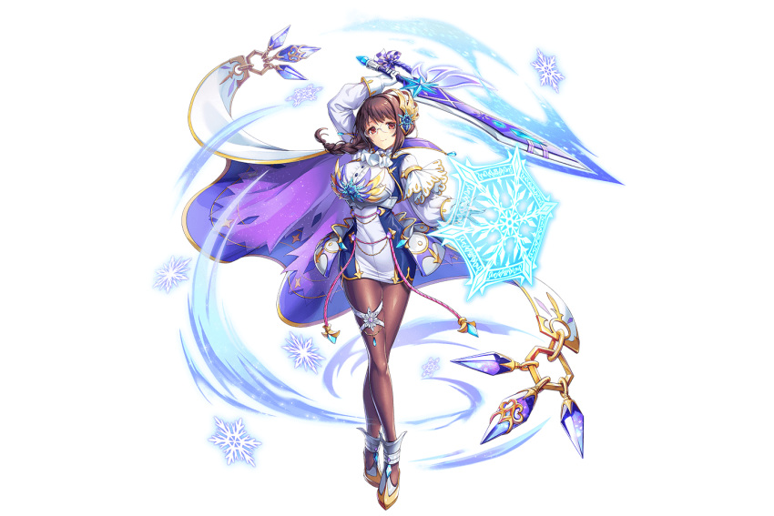 braid braided_ponytail breastplate breasts brown_eyes brown_hair brunhilde_(kami_project) buttons cape dress gloves hip_armor holding holding_sword holding_weapon ice kami_project large_breasts legband magic official_art pantyhose snowflakes sword tight_dress weapon white_cape white_dress