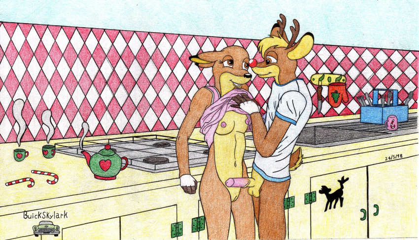 anthro balls breasts buick_skylark candy candy_cane capreoline cervid clothing colored_pencil cookers cups duo female food genitals hi_res humanoid ink kitchen love male male/female mammal nipples penis pussy reindeer romantic_couple rudolph_the_red-nosed_reindeer:_the_movie rudolph_the_red_nosed_reindeer shirt sink stoves t-shirt teapot topwear traditional_media_(artwork) zoey_(rudolph)