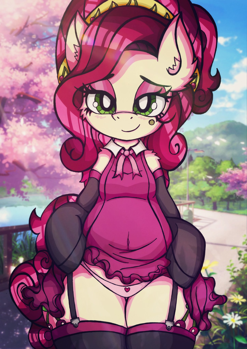 &lt;3 canvy_(artist) cherry_jubilee_(mlp) clothing clothing_lift detailed_background dress dress_lift equid equine female friendship_is_magic garter_straps green_eyes hair hasbro hi_res legwear looking_at_viewer mammal mature_female my_little_pony outside panties red_hair smile thigh_highs underwear