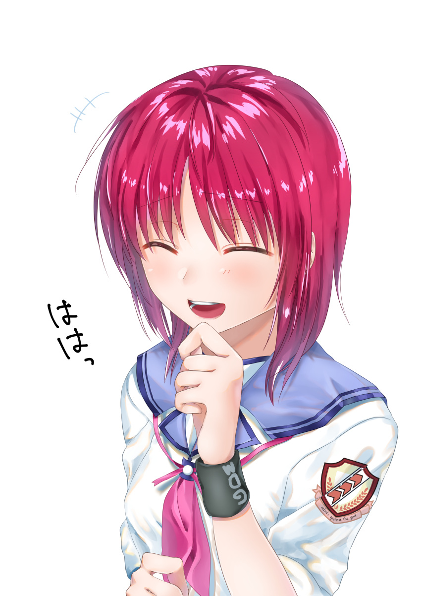 1girl :d absurdres angel_beats! bangs blue_sailor_collar closed_eyes collared_shirt eyebrows_visible_through_hair facing_viewer hair_between_eyes highres iwasawa open_mouth pink_neckwear red_hair sailor_collar sailor_shirt school_uniform serafuku shinda_sekai_sensen_uniform shiny shiny_hair shirt short_hair simple_background sleeves_rolled_up smile solo upper_body white_background white_shirt wristband zuzuhashi