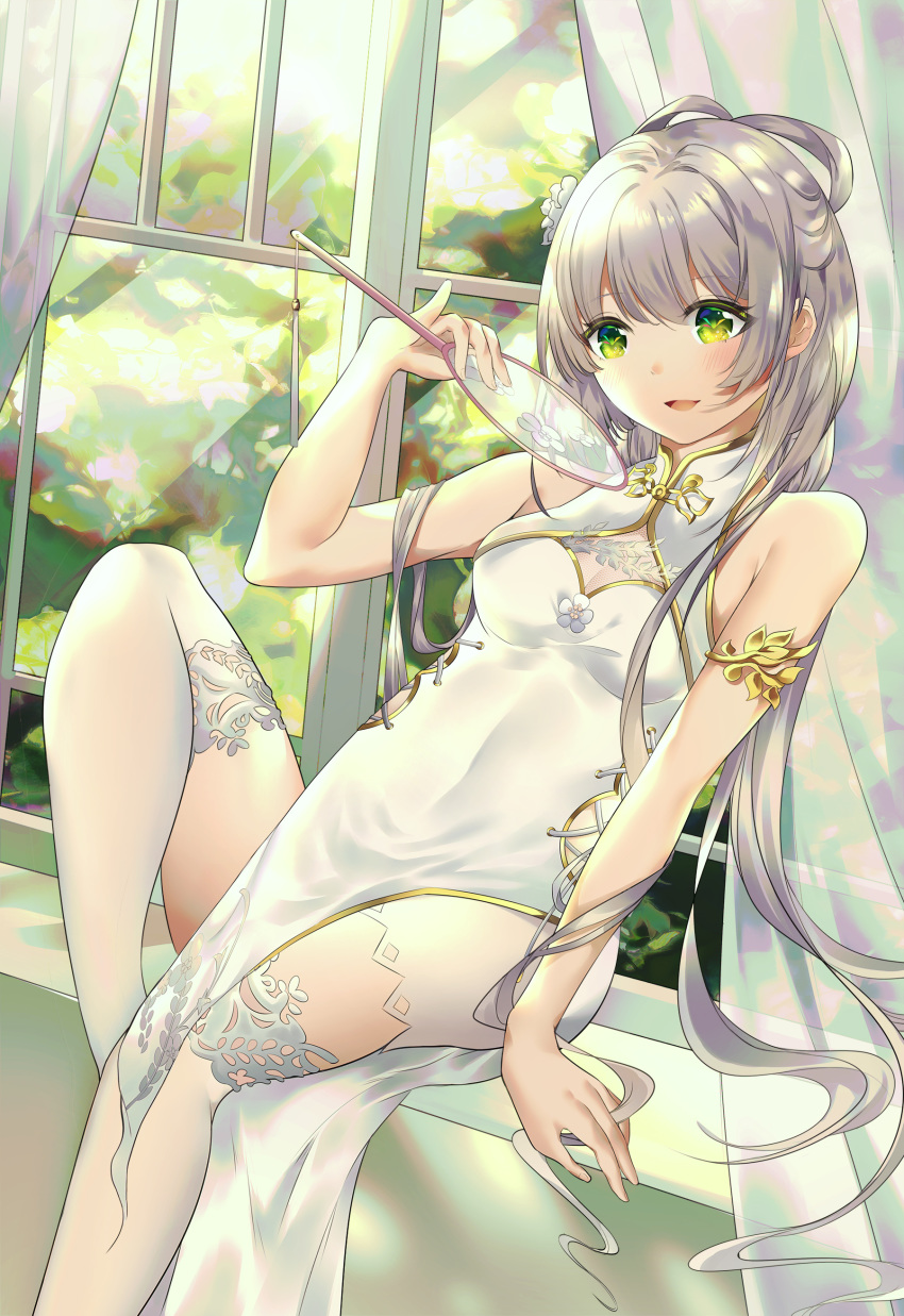 1girl absurdres armlet bangs bare_shoulders blush breasts china_dress chinese_clothes commentary_request covered_navel curtains day dress eyebrows_visible_through_hair fan green_eyes hair_ornament hair_rings highres holding holding_fan indoors knee_up leaning_back long_hair looking_away looking_down luo_tianyi paper_fan pelvic_curtain silver_hair sitting sleeveless sleeveless_dress small_breasts solo thighhighs uchiwa very_long_hair vocaloid white_dress white_legwear window windowsill xianguang