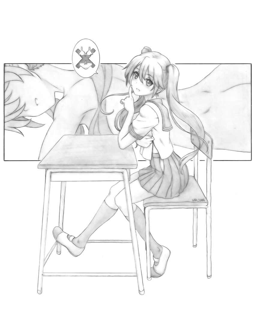 1girl ass desk greyscale harumachi_nagaaki hatsune_miku highres long_hair looking_at_viewer monochrome multiple_views nude pleated_skirt school_desk school_uniform serafuku sitting skirt speech_bubble spoken_object twintails vocaloid