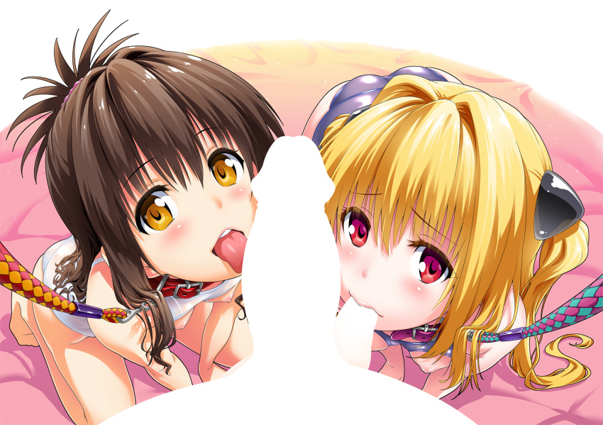 1boy 2girls all_fours arm_support biting_testicles blonde_hair blush breastless_clothes breasts brown_hair collar fellatio ffm_threesome group_sex hetero highres konjiki_no_yami leash long_hair multiple_fellatio multiple_girls nipples non-web_source one-piece_swimsuit open_mouth oral penis pov red_eyes school_swimsuit shin_(sin-maniax) small_breasts smile swimsuit teamwork threesome to_love-ru tongue tongue_out very_long_hair yellow_eyes yuuki_mikan