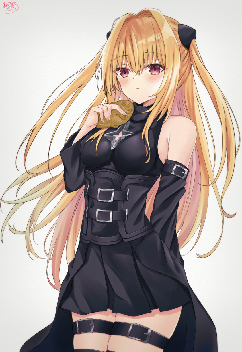 1girl akino_ell bare_shoulders black_shirt black_skirt blonde_hair breasts cleavage_cutout closed_mouth cowboy_shot detached_sleeves food hand_up highres holding holding_food konjiki_no_yami leg_belt long_hair long_sleeves looking_at_viewer medium_breasts miniskirt pleated_skirt red_eyes shirt skindentation skirt solo taiyaki thighhighs thighs to_love-ru two_side_up wagashi waist_cape zettai_ryouiki