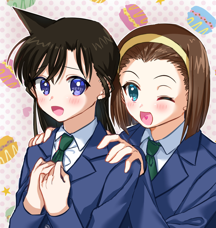 2girls :d ;d absurdres bangs black_hair blue_eyes blue_jacket blush brown_hair collared_shirt eyebrows_visible_through_hair green_neckwear hair_between_eyes hands_on_another's_shoulders highres jacket meitantei_conan mouri_ran multiple_girls necktie one_eye_closed open_mouth school_uniform shiny shiny_hair shirt short_hair smile spiked_hair suzuki_sonoko upper_body white_shirt wing_collar zuzuhashi