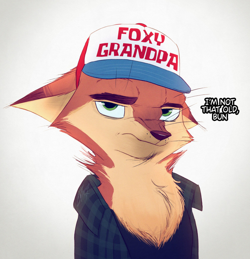 2020 absurd_res anthro brown_body brown_fur canid canine chest_tuft clothed clothing dialogue english_text fox fur green_eyes hat headgear headwear hi_res male mammal neck_tuft pointedfox pointedfox_(character) simple_background solo tan_body tan_fur text tuft whiskers white_background