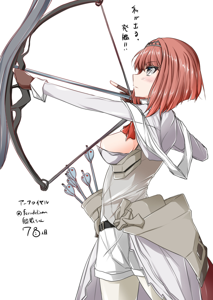 1girl absurdres aiming ark_royal_(kantai_collection) bangs blue_eyes blunt_bangs bob_cut bow_(weapon) brown_gloves character_name cleavage_cutout commentary_request compound_bow ferdinand_(akizuki) fingerless_gloves gloves hairband highres inverted_bob kantai_collection long_sleeves machinery numbered overskirt pantyhose quiver red_hair red_ribbon ribbon short_hair shorts simple_background solo tiara translation_request twitter_username weapon white_background white_legwear white_shorts
