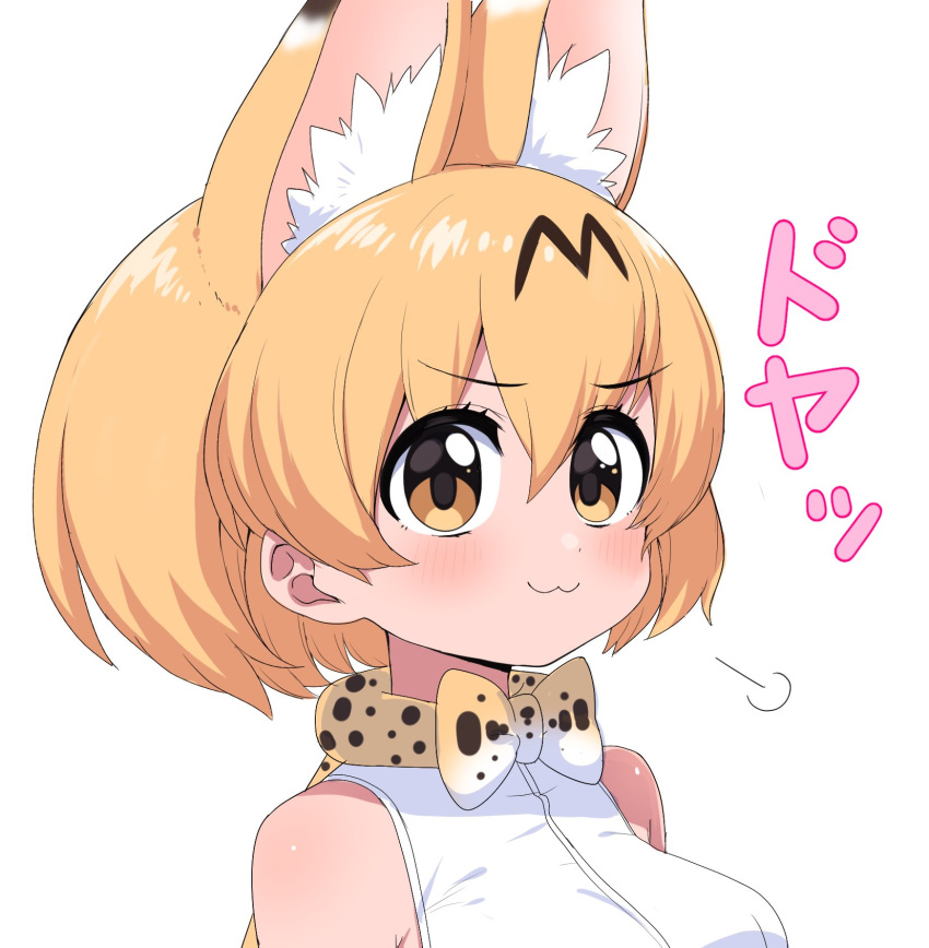 1girl :3 =3 animal_ears bare_shoulders blonde_hair bow bowtie commentary_request extra_ears eyebrows_visible_through_hair highres kemono_friends print_neckwear ransusan serval_(kemono_friends) serval_ears serval_print shirt short_hair sleeveless solo translation_request white_shirt yellow_eyes