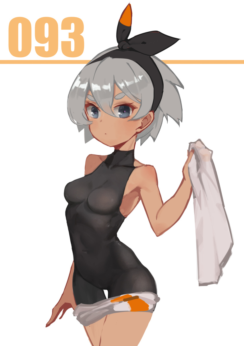 1girl absurdres bangs black_bodysuit black_hairband bodysuit bow breasts closed_mouth collarbone commentary_request covered_navel grey_hair gym_leader hair_between_eyes hairband highres holding looking_at_viewer number pokemon pokemon_(game) pokemon_swsh print_shorts pulled_by_self saitou_(pokemon) shiny shiny_hair short_hair shorts shorts_pull solo xumu_11090645