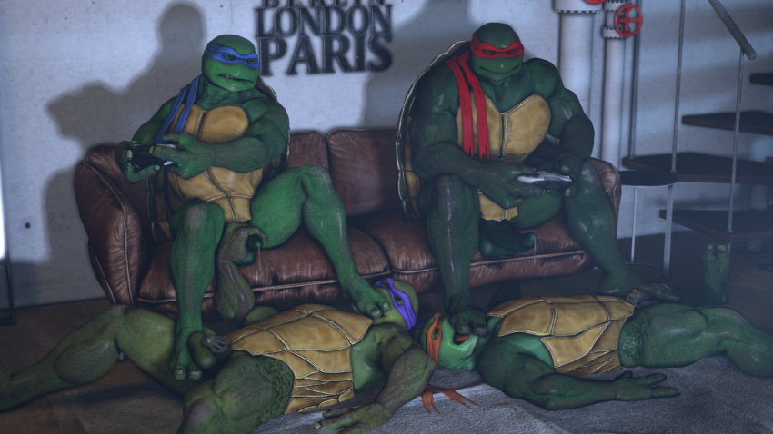 2_toes 3d_(artwork) bodily_fluids chastity_cage chastity_device digital_media_(artwork) donatello_(tmnt) foot_fetish foot_in_mouth foot_lick foot_on_face foot_play genital_fluids group hi_res humanoid incest_(lore) leonardo_(tmnt) licking male male/male michelangelo_(tmnt) microsoft precum raphael_(tmnt) reptile scalie soles source_filmmaker stormrider teenage_mutant_ninja_turtles toes tongue tongue_out turtle turtles video_games xbox xbox_game_studios