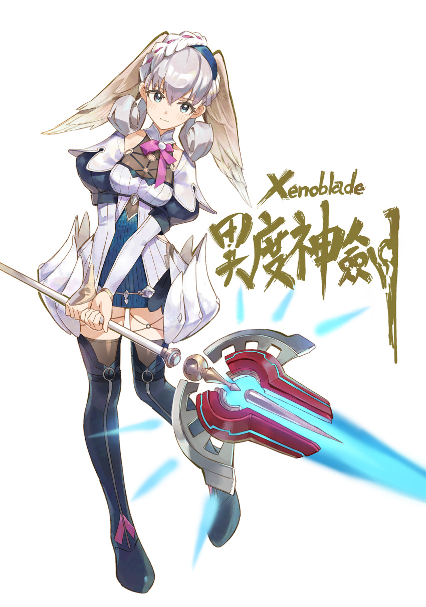 1girl blue_eyes blush braid breasts crown_braid energy_weapon full_body head_wings highres holding holding_staff juliet_sleeves long_sleeves looking_at_viewer medium_breasts melia o-ring puffy_sleeves silver_hair simple_background solo staff thighhighs tugo white_background xenoblade_(series) xenoblade_1 xenoblade_1:_tsunagaru_mirai