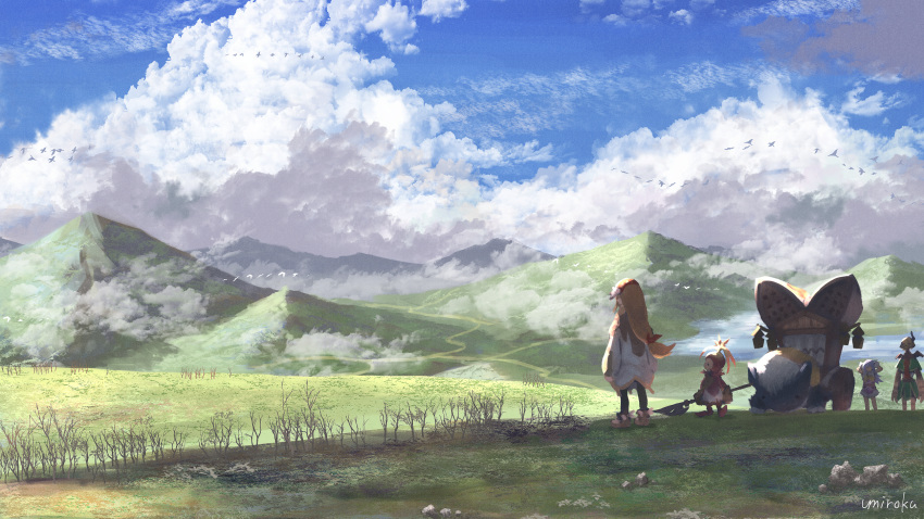 animal artist_name bird black_legwear blue_hair blue_sky boots brown_footwear brown_hair character_request cloud cloudy_sky commentary_request day dress facing_away final_fantasy final_fantasy_crystal_chronicles green_capelet hair_ribbon halberd highres long_hair long_sleeves low-tied_long_hair monster mountain outdoors pantyhose polearm puffy_long_sleeves puffy_sleeves red_ribbon ribbon signature sky standing umiroku very_long_hair weapon white_dress