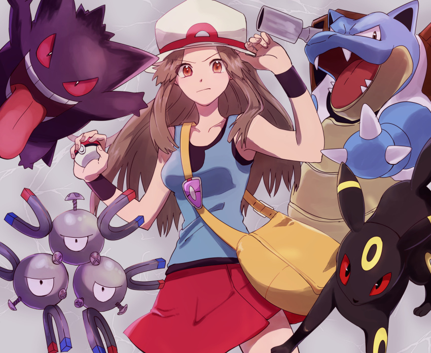 1girl arm_up bag blastoise blue_(pokemon) blue_tank_top brown_hair closed_mouth collarbone commentary_request enamo_(dcah) eyebrows_visible_through_hair gen_1_pokemon gen_2_pokemon gengar grey_background hand_on_headwear hand_up hat highres holding holding_poke_ball long_hair looking_at_viewer magneton poke_ball pokemon pokemon_(creature) pokemon_(game) pokemon_frlg porkpie_hat red_skirt skirt tank_top umbreon wristband