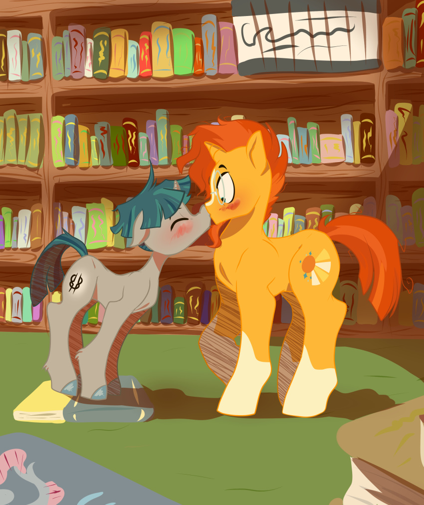 absurd_res blush book bookshelf duo equid equine eyewear friendship_is_magic furniture glasses hasbro heyerika hi_res horn kissing library male male/male mammal my_little_pony stygian_(mlp) sunburst_(mlp) unicorn wide_eyed