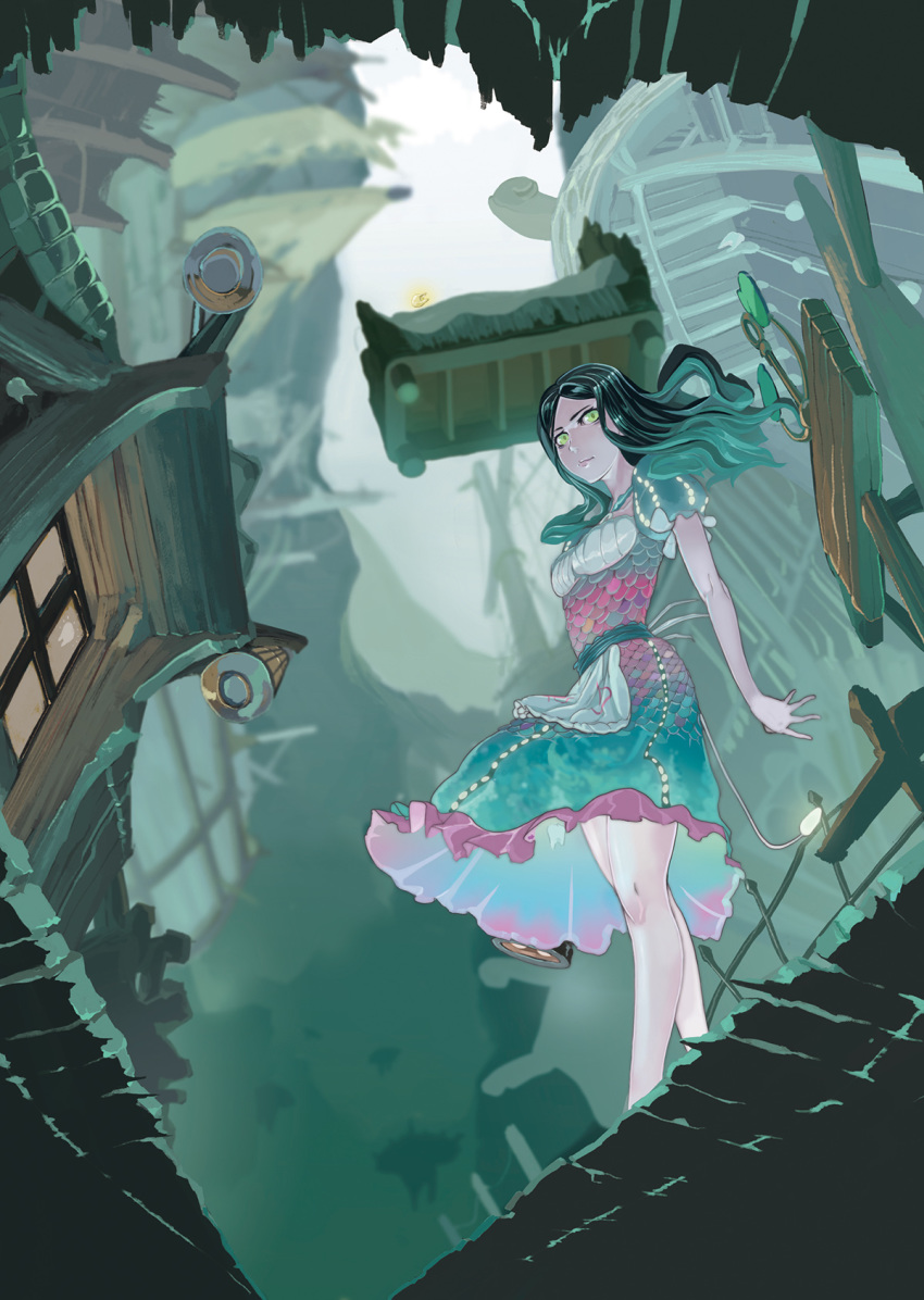 1girl alice:_madness_returns alice_(wonderland) alice_in_wonderland american_mcgee's_alice black_hair breasts closed_mouth dress eluber green_eyes highres long_hair looking_at_viewer solo
