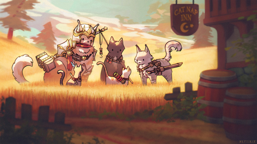 16:9 2020 ambiguous_gender armor day detailed_background digital_media_(artwork) domestic_cat felid feline felis feral group hi_res mammal neytirix outside sitting sky standing widescreen