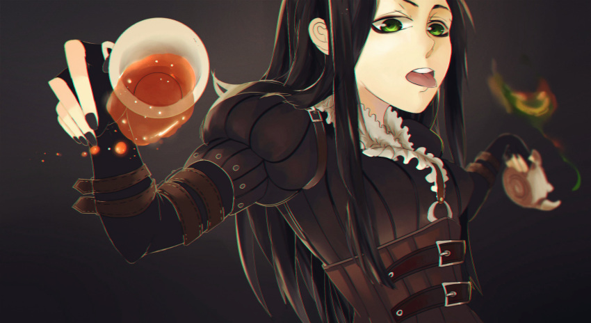 1girl alice:_madness_returns alice_(wonderland) alice_in_wonderland american_mcgee's_alice black_hair breasts cheshire_cat dress fingerless_gloves gloves green_eyes highres kasoke_(691123) long_hair looking_at_viewer nail_polish solo teapot