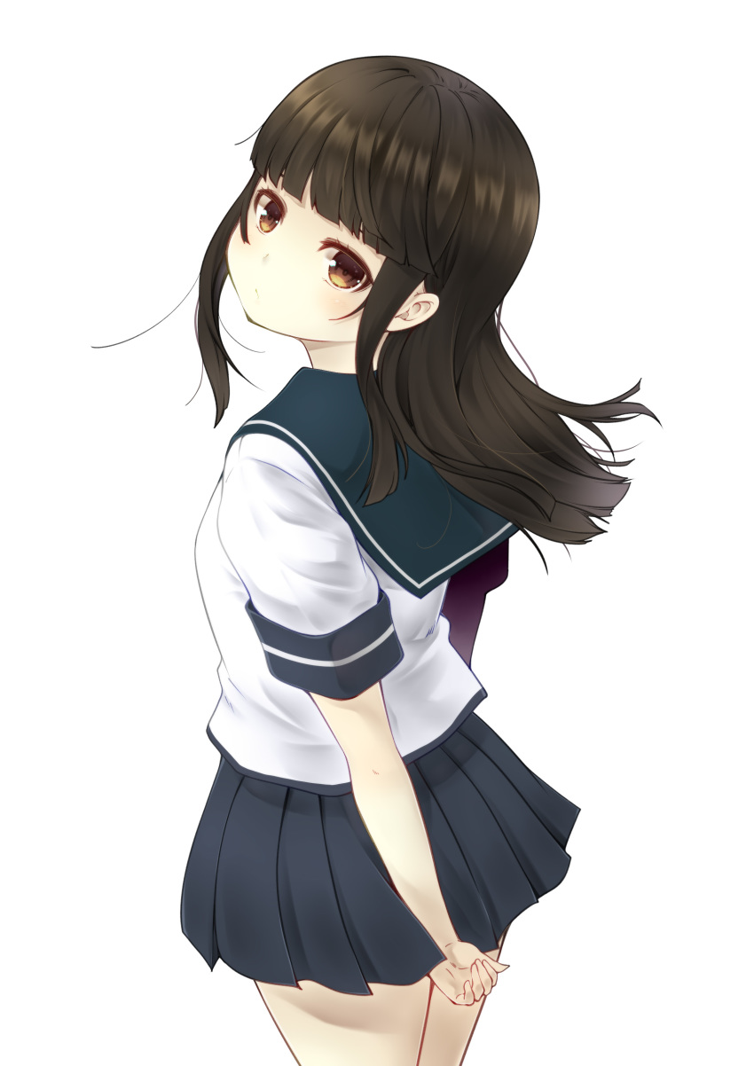 1girl absurdres arm_behind_back bangs blunt_bangs breasts brown_eyes brown_hair commentary_request hatsuyuki_(kantai_collection) highres kantai_collection kouji_(campus_life) long_hair looking_at_viewer looking_back pleated_skirt school_uniform serafuku short_sleeves sidelocks skirt small_breasts solo upper_body white_background
