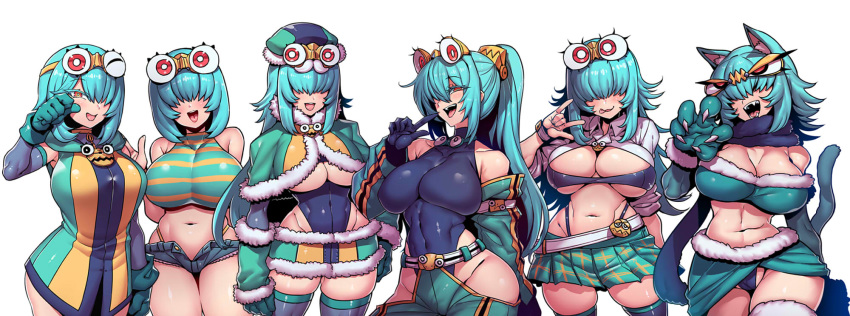 6+girls \m/ abs animal_ears bandeau bangs black_leotard breasts capelet cat_ears cat_tail character_request commentary_request copyright_request covered_navel curvy cutoffs detached_sleeves dress elbow_gloves extra_eyes fangs fur_collar fur_trim gloves green_gloves hair_over_eyes hair_over_one_eye halter_top halterneck highleg highleg_panties highres hip_vent impossible_clothes impossible_leotard large_breasts leotard leotard_under_clothes long_hair lowleg_skirt miniskirt multiple_girls navel open_fly open_mouth panties paw_gloves paws pleated_skirt ponytail red_eyes short_dress short_hair short_shorts shorts skirt strapless striped tail thighhighs tongue tsuki_wani tubetop underwear vertical_stripes white_background zettai_ryouiki