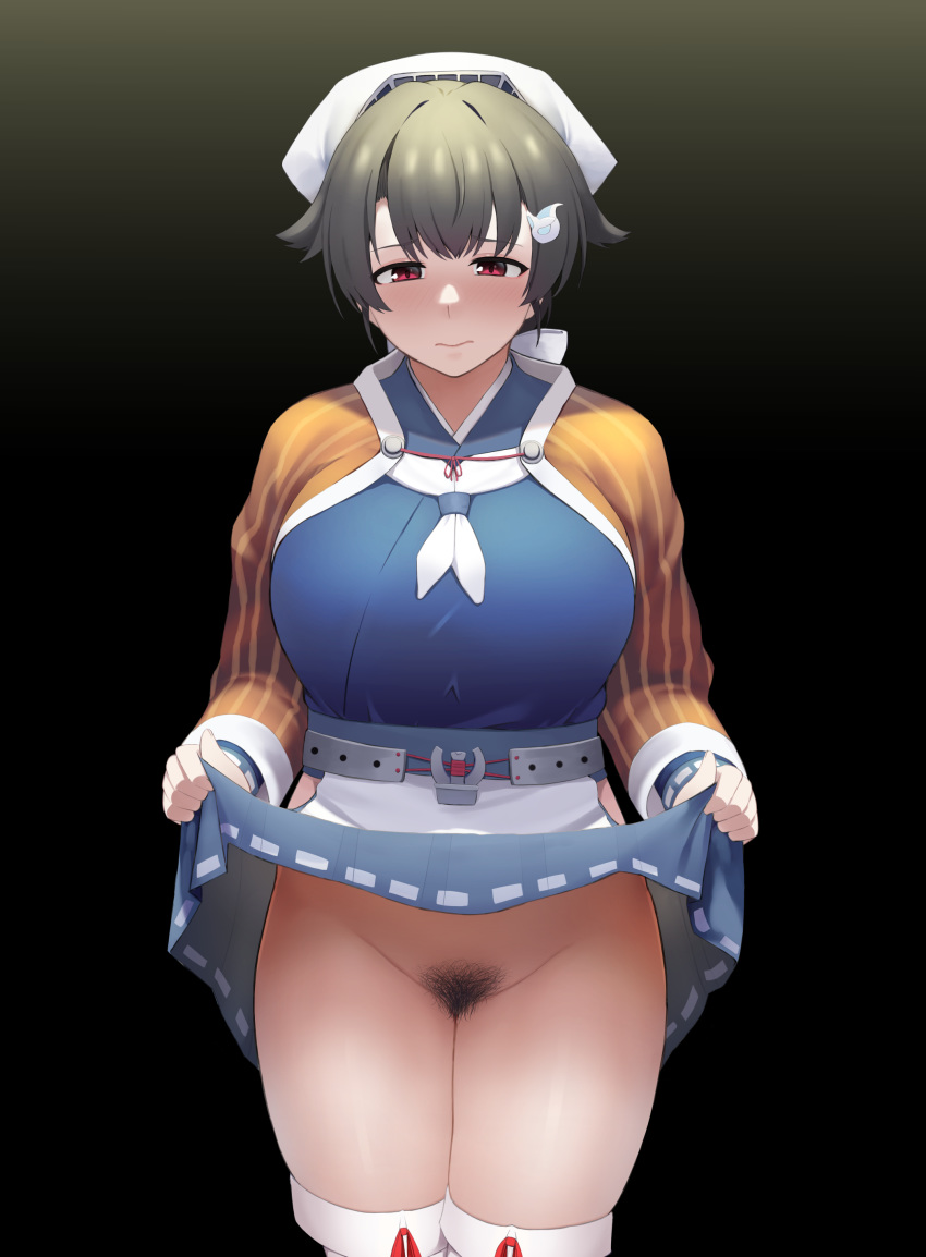 1girl absurdres anchor black_hair blue_sailor_collar blush breasts closed_mouth cowboy_shot eyebrows_visible_through_hair gradient gradient_background groin hair_flaps hair_ornament highres jingei_(kantai_collection) kantai_collection large_breasts lifted_by_self long_sleeves looking_down neckerchief nikonikosiro no_panties nose_blush pubic_hair red_eyes red_ribbon ribbon sailor_collar short_hair skindentation skirt skirt_lift solo thighhighs white_legwear white_neckwear