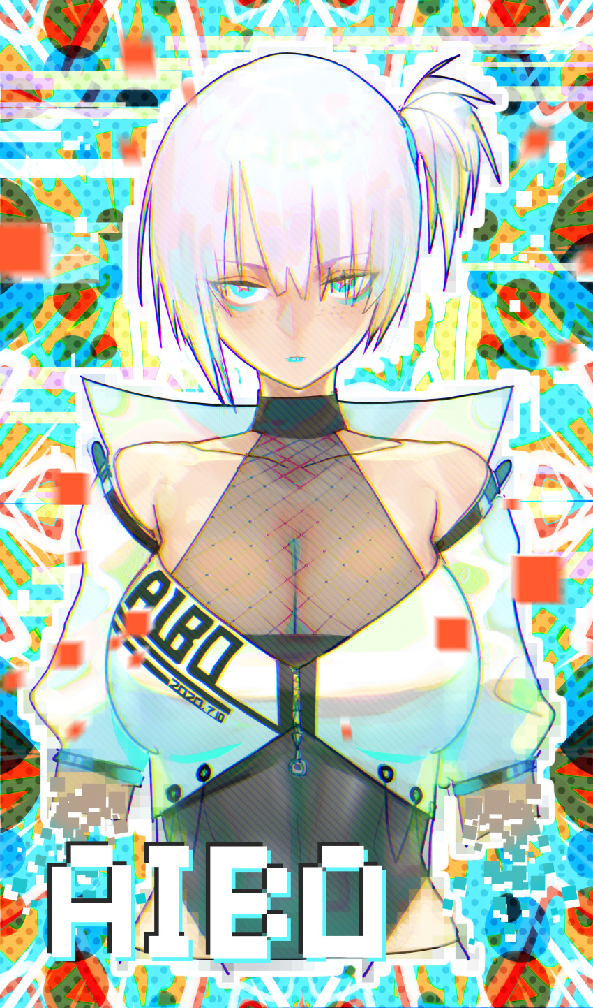 1girl absurdres aibo bare_shoulders blue_eyes blue_lips breasts character_name cleavage closed_mouth eyeshadow gorgeous_mushroom highres huge_breasts lipstick looking_at_viewer makeup one_side_up original pink_hair solo star-shaped_pupils star_(symbol) symbol-shaped_pupils upper_body white_hair