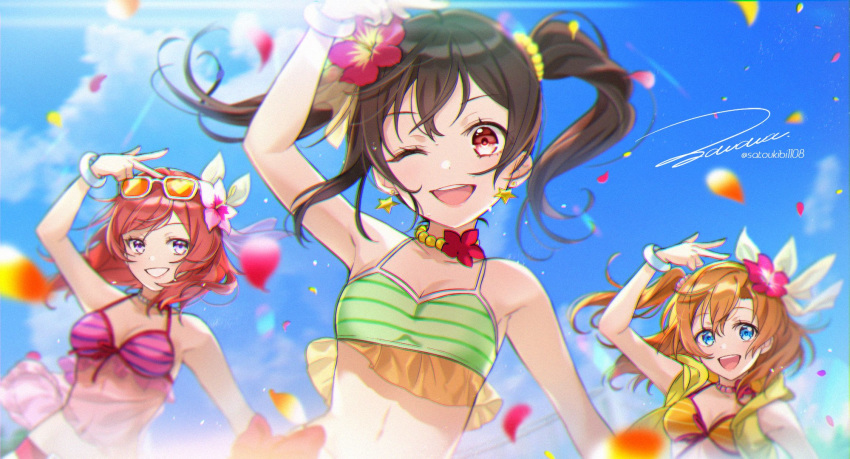 3girls bikini black_hair blue_eyes blue_sky highres kousaka_honoka love_live! love_live!_school_idol_project multiple_girls natsuiro_egao_de_1_2_jump! nishikino_maki open_mouth orange_hair purple_eyes red_eyes red_hair sky smile swimsuit yazawa_nico zawawa_(satoukibi1108)