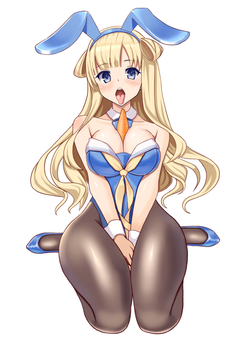 1girl animal_ears arms_between_legs between_breasts black_legwear blonde_hair blue_eyes blue_footwear blue_leotard blue_neckwear bow bowtie breasts bunny_ears bunny_girl bunny_tail bunnysuit carrot detached_collar double_bun fletcher_(kantai_collection) full_body high_heels highres kantai_collection kusunoki_toona large_breasts leotard long_hair looking_at_viewer pantyhose sexually_suggestive simple_background solo tail tongue tongue_out v_arms white_background wrist_cuffs