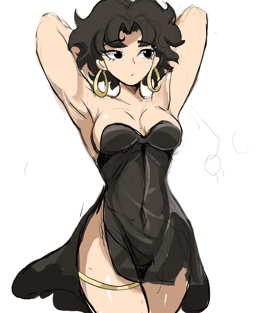 1girl arms_behind_head betty_boop betty_boop_(character) black_dress black_eyes black_hair breasts dress earrings eyebrows highres hoop_earrings jewelry looking_to_the_side medium_breasts messy_hair no_panties pout rakeemgarcia see-through see-through_dress short_hair simple_background sketch solo thighlet white_background