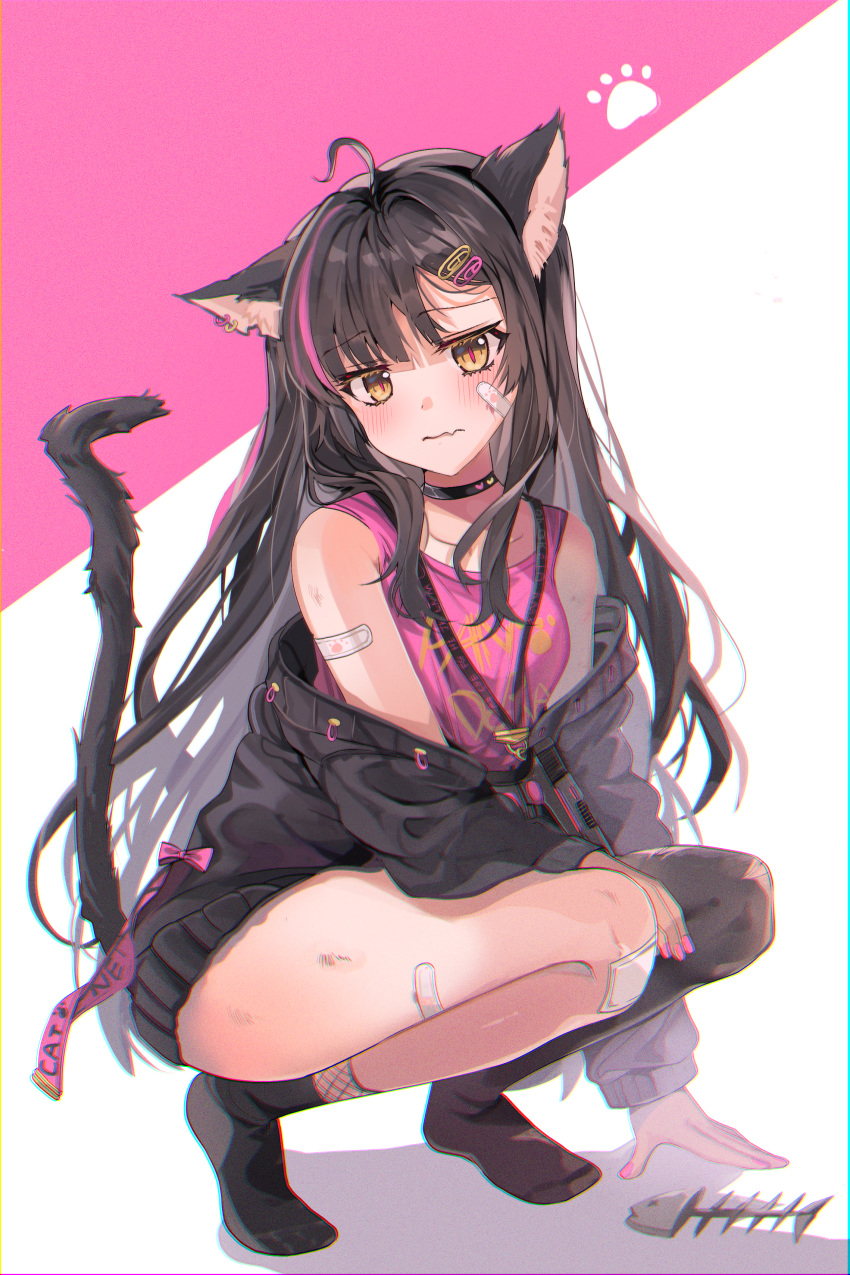 1girl absurdres animal_ear_fluff animal_ears bandaid bandaid_on_face bandaid_on_knee bandaid_on_shoulder bare_shoulders black_choker black_hair black_jacket black_legwear blush bow brown_eyes cat_ears cat_girl cat_tail chocho_(homelessfox) choker closed_mouth collarbone fang fang_out fish_bone frown full_body hair_ornament hairclip heart highres huge_filesize jacket long_hair long_sleeves looking_at_viewer mismatched_legwear multicolored_hair nail_polish off_shoulder open_clothes open_jacket original pink_bow pink_hair pink_nails pink_shirt shirt single_thighhigh skin_fang socks squatting streaked_hair tail thighhighs two-tone_background two-tone_hair very_long_hair wilted_ahoge