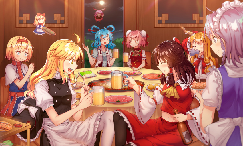 6+girls :t ahoge akimoto alice_margatroid animal_ears apron bandaged_arm bandages beer_mug belt black_legwear black_skirt black_vest blonde_hair blue_dress blue_eyes blue_hair blue_vest bottle bow bowtie braid brown_hair bunny_ears capelet chair cherry_tomato closed_eyes cloud commentary_request cravat cup double_bun dress drinking eating floating flower flying food forest full_moon gourd hair_ornament hair_ribbon hair_rings hair_stick hair_tubes hairband hakurei_reimu high_collar highres holding holding_bottle holding_cup holding_plate holding_skewer horns ibaraki_kasen ibuki_suika index_finger_raised indoors izayoi_sakuya kaku_seiga kirisame_marisa knees_touching leg_lift long_hair looking_at_another maid_headdress medium_hair midriff moon mug multiple_girls nature navel necktie night no_headwear open_clothes open_vest orange_hair outstretched_arm pantyhose pink_eyes pink_flower pink_hair pink_rose pink_skirt plate pleated_skirt profile puffy_short_sleeves puffy_sleeves red_neckwear red_skirt red_vest reisen_udongein_inaba ribbon rose sash sashimi shanghai_doll shirt short_hair short_sleeves sidelocks sideways_mouth silver_eyes silver_hair skirt sleeveless sleeveless_shirt smile standing suit_jacket tabard table tomato touhou twin_braids upper_body vest waist_apron white_capelet white_legwear white_shirt white_vest yellow_eyes yellow_neckwear