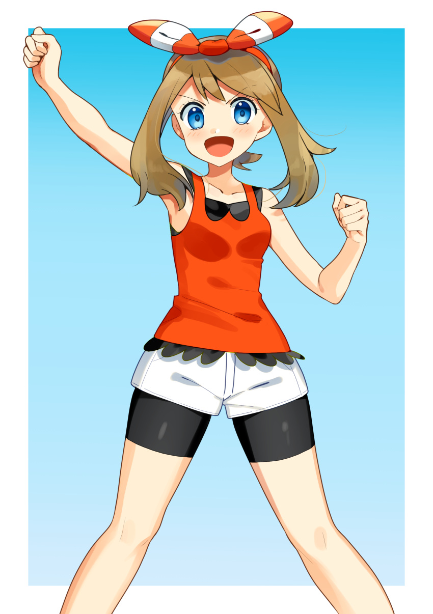 1girl :d absurdres arm_up armpits bike_shorts black_shorts blue_background blue_eyes bow brown_hair collarbone floating_hair hair_bow hairband haruka_(pokemon) highres long_hair looking_at_viewer open_mouth pokemon pokemon_(game) pokemon_oras red_hairband red_shirt shiny shiny_hair shirt short_shorts shorts shorts_under_shorts sleeveless sleeveless_shirt smile solo standing striped striped_bow twintails v-shaped_eyebrows white_background white_shorts yuihiko