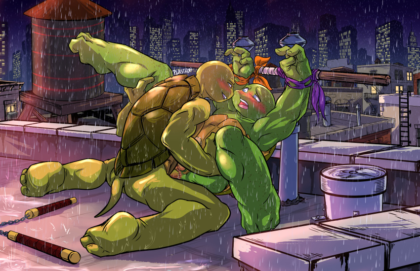 anal anal_penetration anthro bdsm biceps big_muscles blue_eyes blush bondage bound brother brothers city cityscape clothing detailed_background donatello_(tmnt) duo erection genitals green_body green_skin hand_on_leg hand_on_thigh hi_res incest_(lore) male male/male male_penetrated male_penetrating male_penetrating_male mask michelangelo_(tmnt) muscular muscular_anthro muscular_male nude open_mouth outside penetration penis plastron raining reptile rooftop scalie sex shell sibling sky smile submissive technical_incest teenage_mutant_ninja_turtles teeth tongue turtle