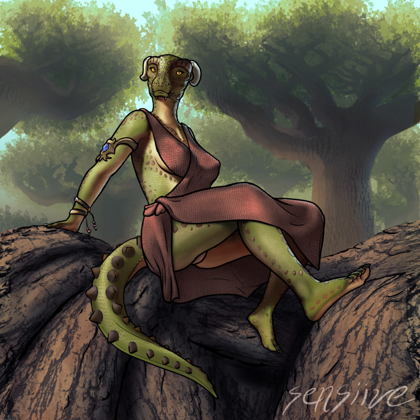 1:1 2020 5_toes amber_eyes anthro argonian bangle bethesda_softworks clothed clothing curved_horn detailed_background digital_media_(artwork) dress feet female green_body hi_res horn humanoid_feet jewelry jungle panties scalie sensiive sitting solo spiked_tail spikes texture the_elder_scrolls toes tree underwear upskirt video_games yviis-nes