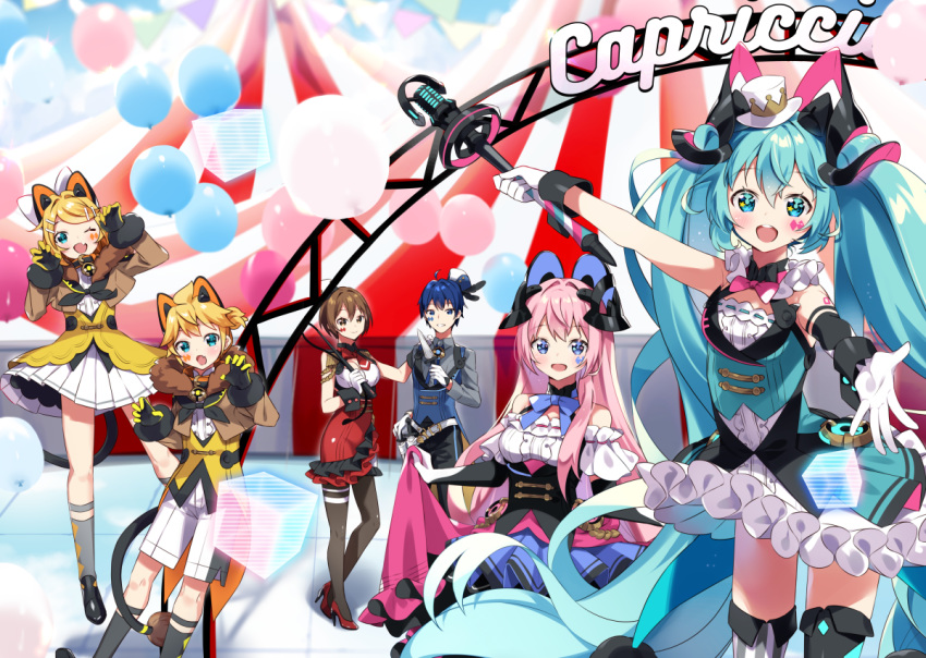 2boys 4girls animal_ears arami_o_8 balloon bangs blonde_hair blue_eyes blue_hair bow bowtie brown_eyes brown_hair circus claw_pose commentary cube diamond_(shape) dress facial_tattoo frilled_dress frills fur-trimmed_jacket fur_trim gloves hair_bow hair_ornament hairclip hat hatsune_miku high_heels holding holding_knife holding_wand holding_whip jacket kagamine_len kagamine_rin kaito kneehighs knife leaning_forward lion_ears lion_tail long_hair looking_at_viewer magical_mirai_(vocaloid) megurine_luka meiko microphone microphone_wand mini_hat mini_top_hat mismatched_legwear multiple_boys multiple_girls neck_ruff open_mouth outstretched_arms pantyhose pink_bow pink_hair pleated_skirt short_hair skirt skirt_hold smile spiked_hair standing string_of_flags striped striped_legwear swept_bangs symbol_commentary tail tattoo tent thighhighs top_hat twintails very_long_hair vest vocaloid wand whip white_bow white_gloves white_skirt yellow_vest zettai_ryouiki