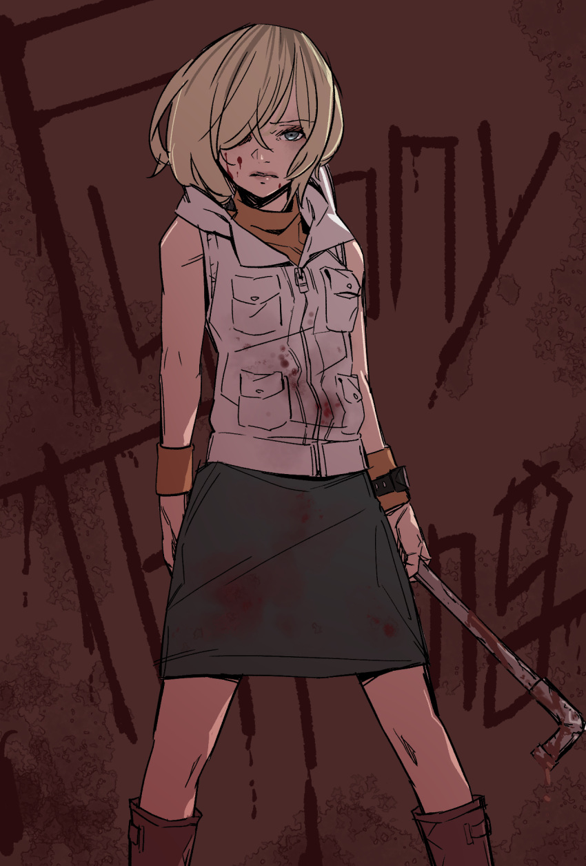 1girl bare_shoulders blonde_hair blood blood_on_face blood_splatter bloody_clothes bloody_weapon blue_eyes boots brown_footwear green_skirt hair_over_one_eye heather_mason highres holding holding_weapon jacket kawayabug knee_boots lead_pipe orange_shirt pocket shirt short_hair silent_hill_3 skirt sleeveless sleeveless_jacket sleeveless_turtleneck solo standing turtleneck watch weapon white_jacket wristband wristwatch zipper