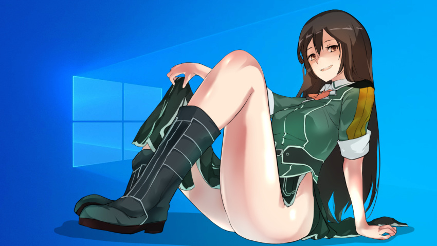 1girl bangs black_footwear boots bow bowtie breasts chikuma_(kantai_collection) commentary_request eyebrows_visible_through_hair holding kantai_collection large_breasts long_hair long_skirt looking_at_viewer no_panties open_mouth pelvic_curtain remodel_(kantai_collection) side_slit sitting skirt smile solo windows yamaioni_(sasakama)